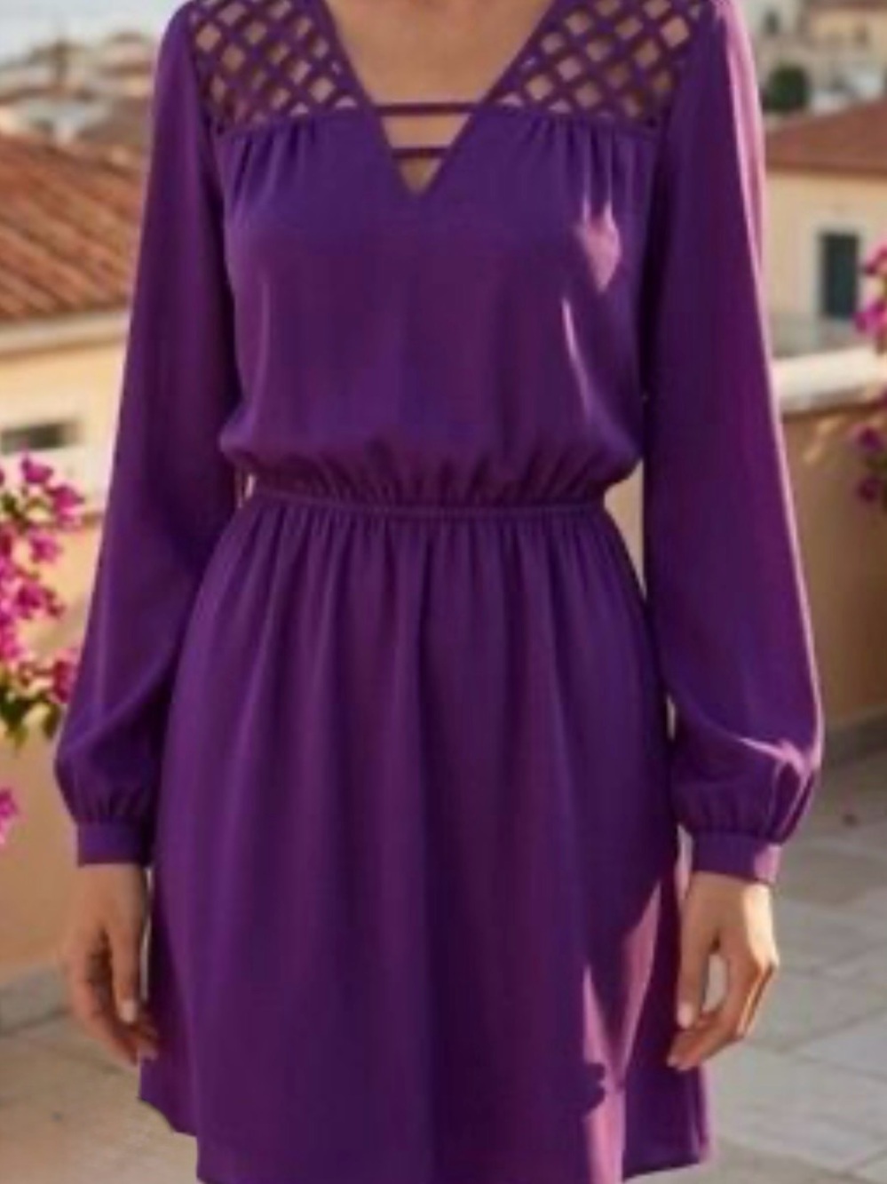Gianni Bini Purple Lattice Yoke Long-Sleeve Dress
